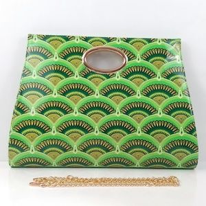 XL Faux Green Leather Fan Motif Clutch